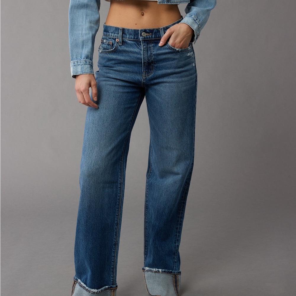 American Eagle Outfitters Blue Boyfriend Jeans with Cuffed Legs